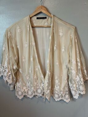 Zara Sheer Embroidered Kimono in Beige with White Lace
